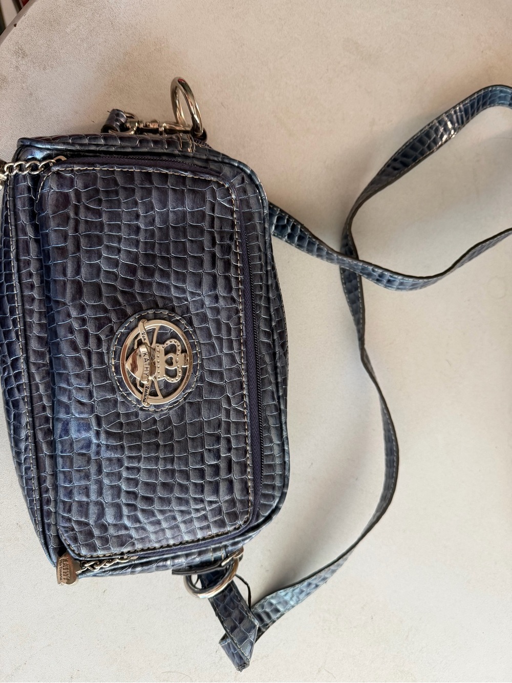 Croc-Embossed Navy Crossbody Bag with Gold Accent